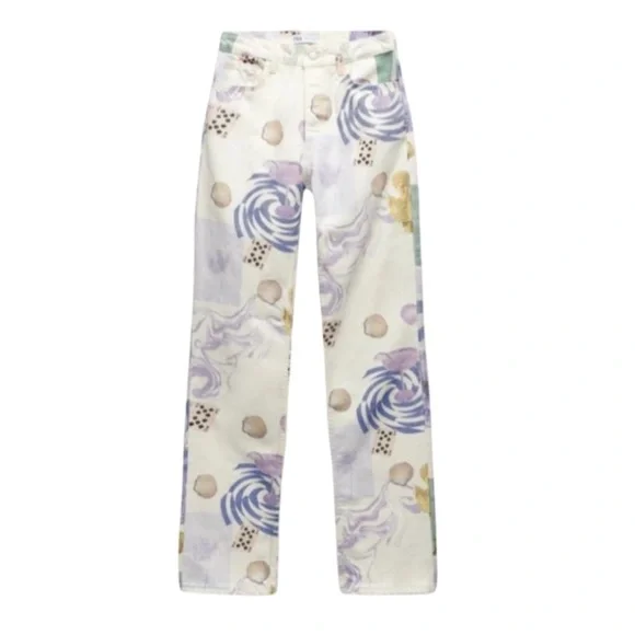 Zara NWT Size 4 Cream Pastel Seashell Art Print Straight Leg Jeans - Picture 2 of 11